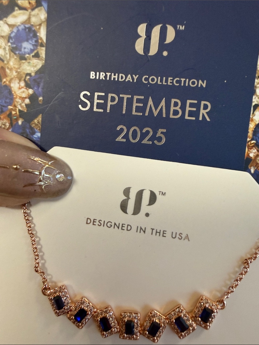 bp Rose Gold Necklace with Deep Blue Stones